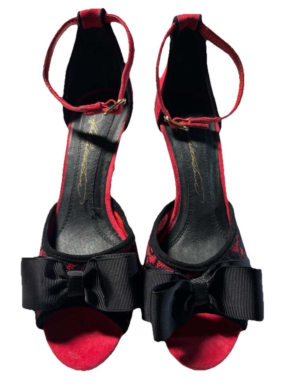 Hal Rubenstein Size 6M Leather Red & Black Lace Peep Toe Pumps Bow